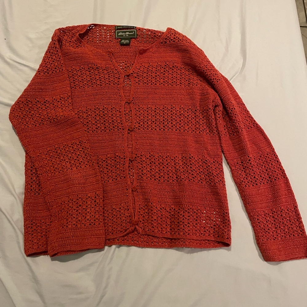 Eddie Bauer Red Cardigan Sweater Open-Knit Lightweight